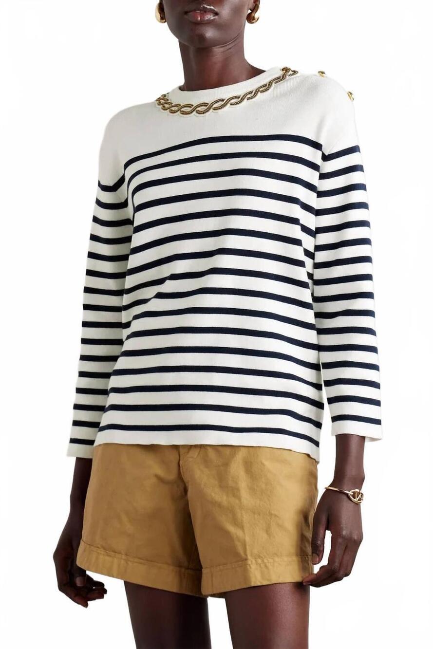 NEW VALENTINO GARAVANI embroidered crew neck sweater in navy/avorio